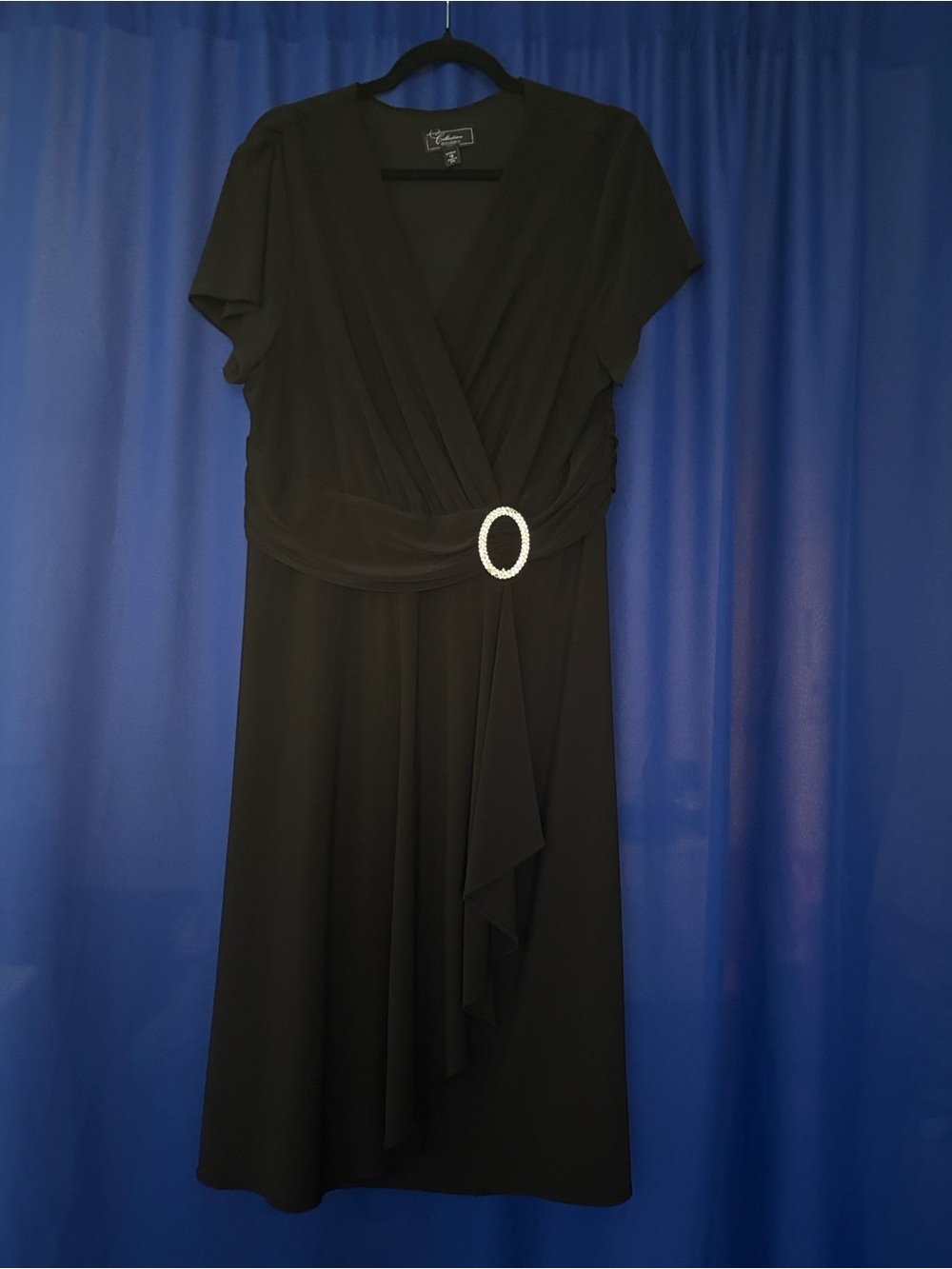 Dress Barn Black Faux-Wrap Midi Dress with Decorative Buckle